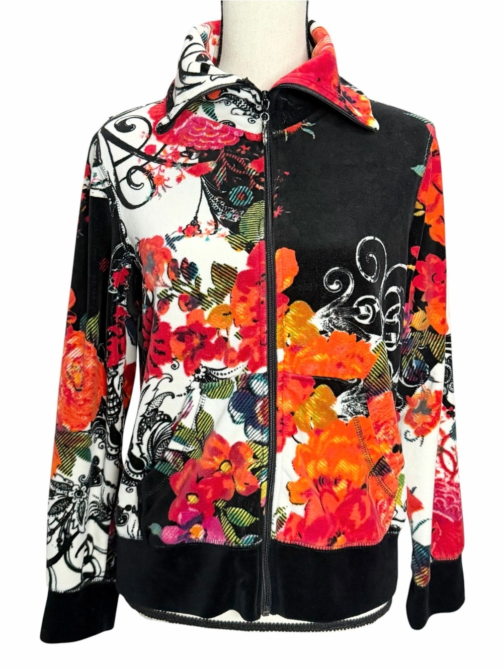 Onque Petite Sweater PL Full Zip Velour Floral Jacket